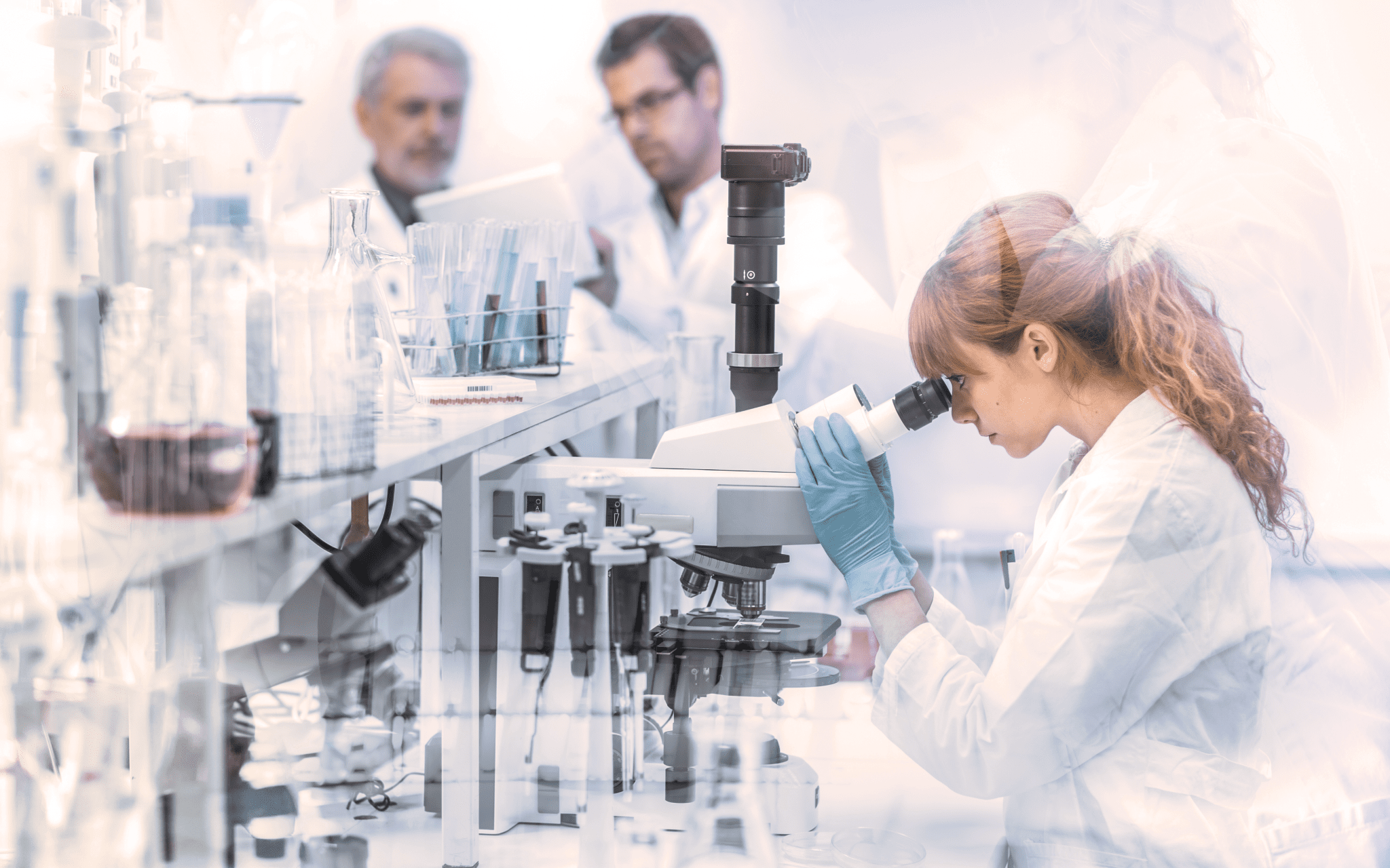 Mesothelioma researchers analyzing cell types in a lab.